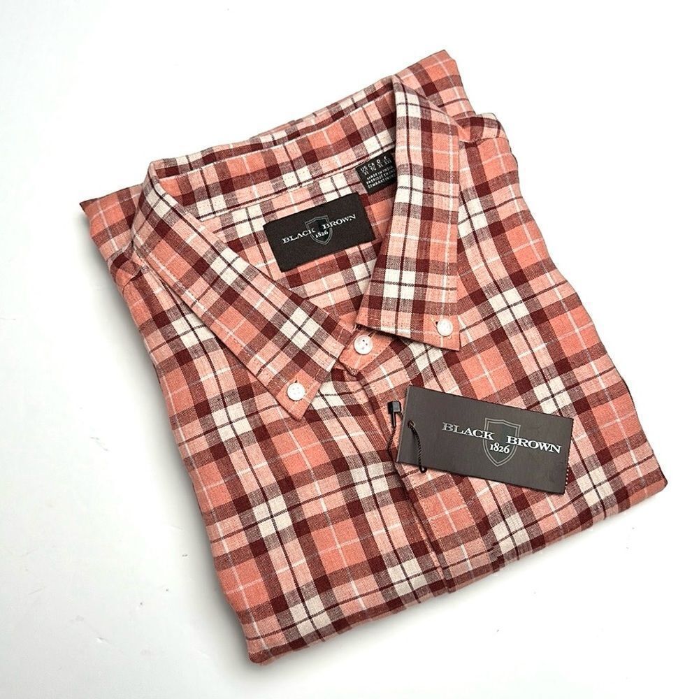 NWT Black Brown 1826 Linen Casual Plaid Button Down Shirt Long Sleeve XL